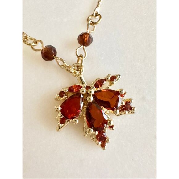 Bright Orange fall Maple leaf dangle cubic zirconia beaded necklace - Picture 4 of 6